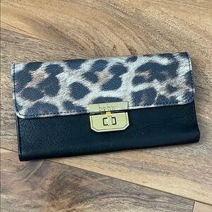 Nicole Miller Black Leather and Leopard Print Wallet with Gold Hardware